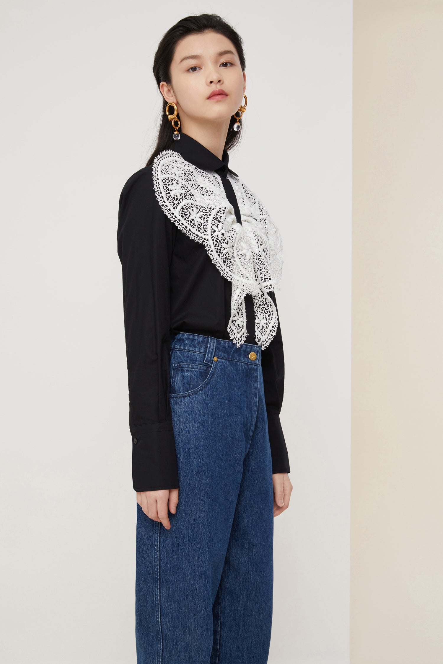 Patou - Lace bib shirt - Black - The sheer seduction of guipure lace.Black cotton poplin shirt with white floral lace bib at the front. Classic shirt collar and concealed button fastening. Buttoned cuffs. Brooch sold separately.
