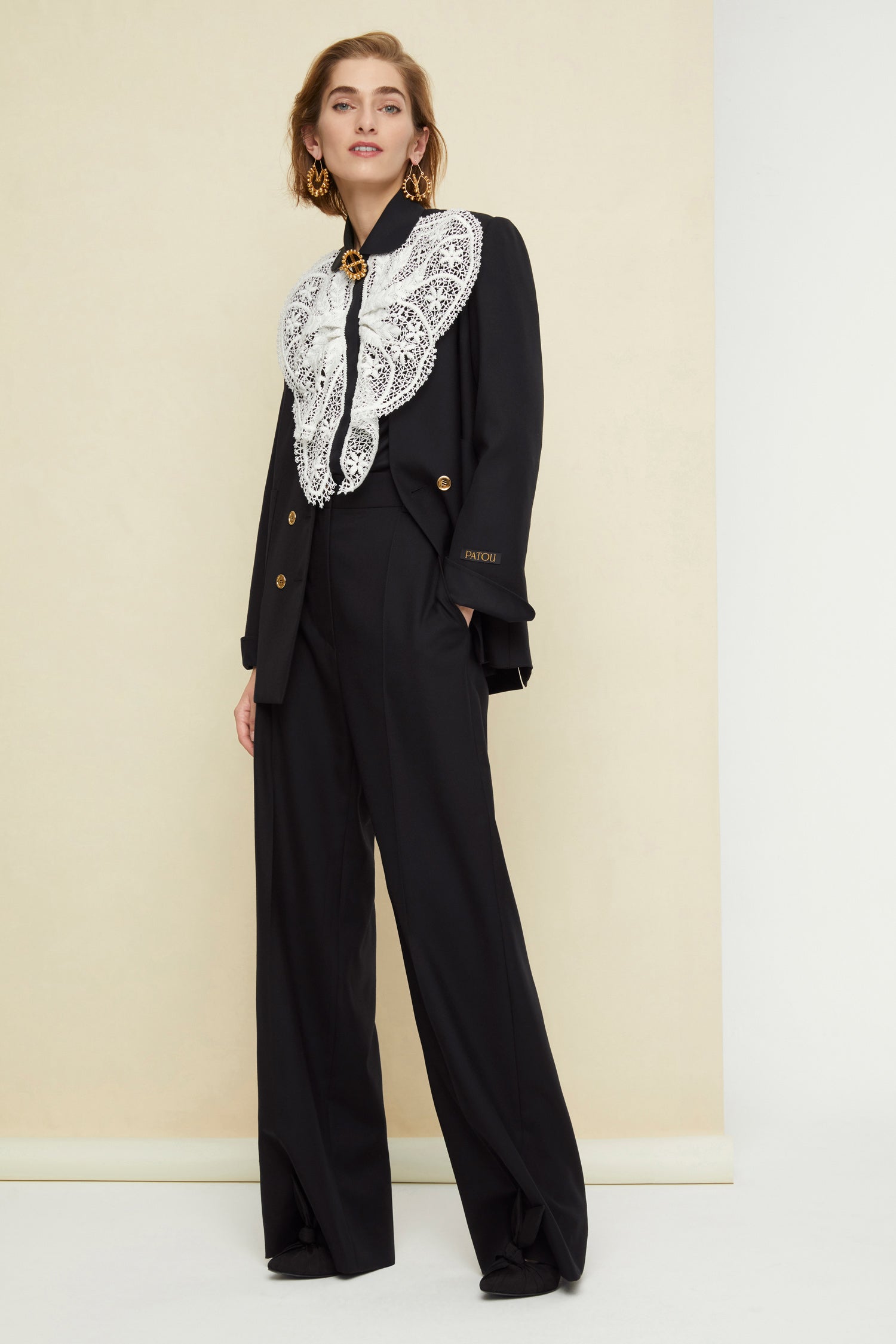 Patou - Lace bib shirt - Black - The sheer seduction of guipure lace.Black cotton poplin shirt with white floral lace bib at the front. Classic shirt collar and concealed button fastening. Buttoned cuffs. Brooch sold separately.