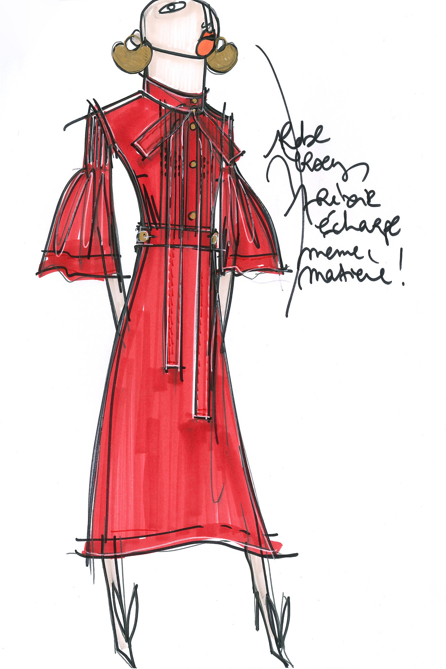 Patou - Necktie midi dress - Poppy - Pleats and ties and gold accents.Poppy red jersey dress. High collar with long ties around the neck. Micropleating down the bodice. Gold-coloured buttons at the front. Cropped sleeves. Midi skirt with pockets and buttons at the sides. Side pockets. Concealed side zip.