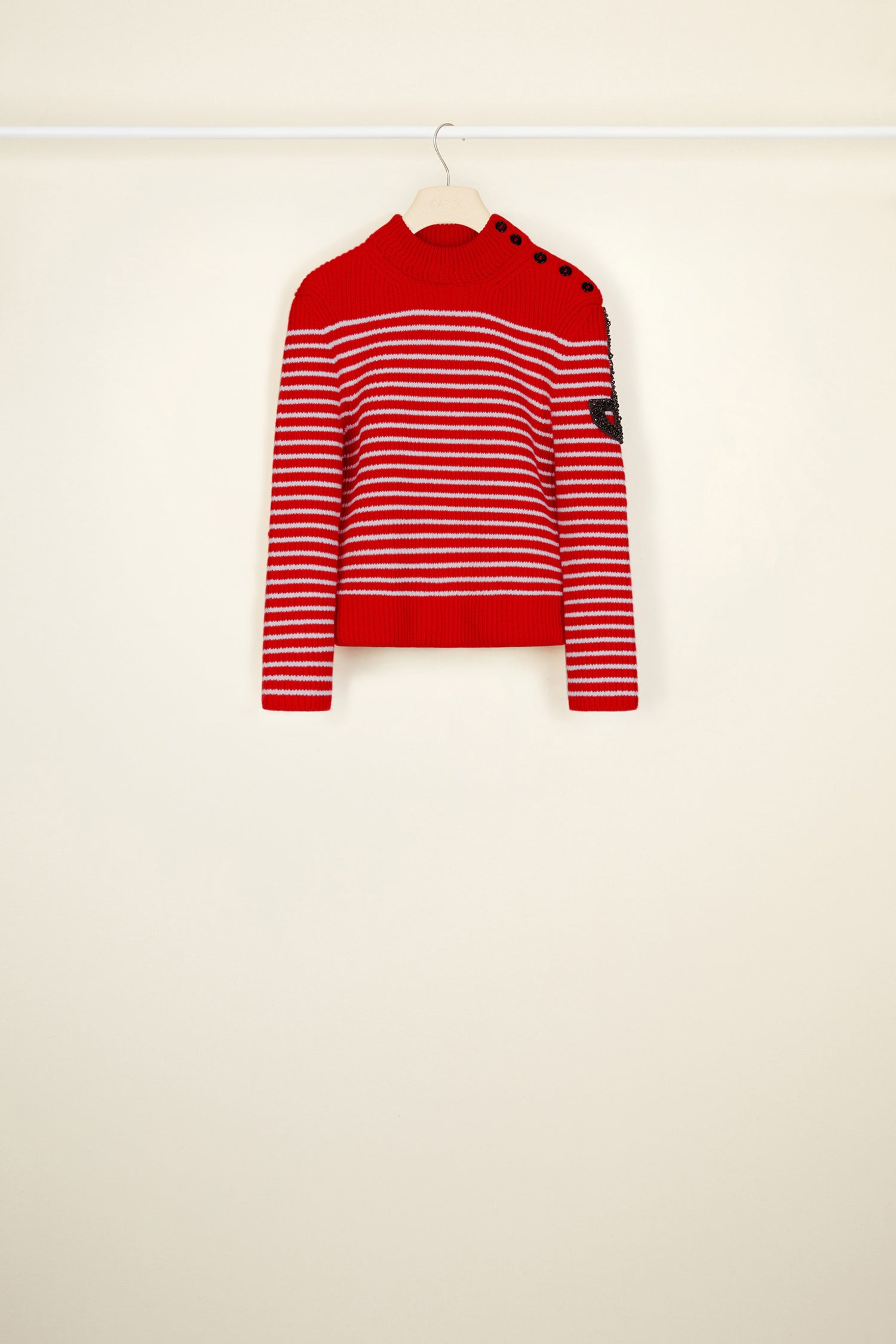Patou - Iconic jewelled Breton jumper - Poppy - Typically French, unmistakably Patou.Patou’s iconic Breton stripes in white over a poppy red lambswool jumper. Fitted crewneck style. Buttons on the left shoulder. JP logo in black pearls on the left sleeve.