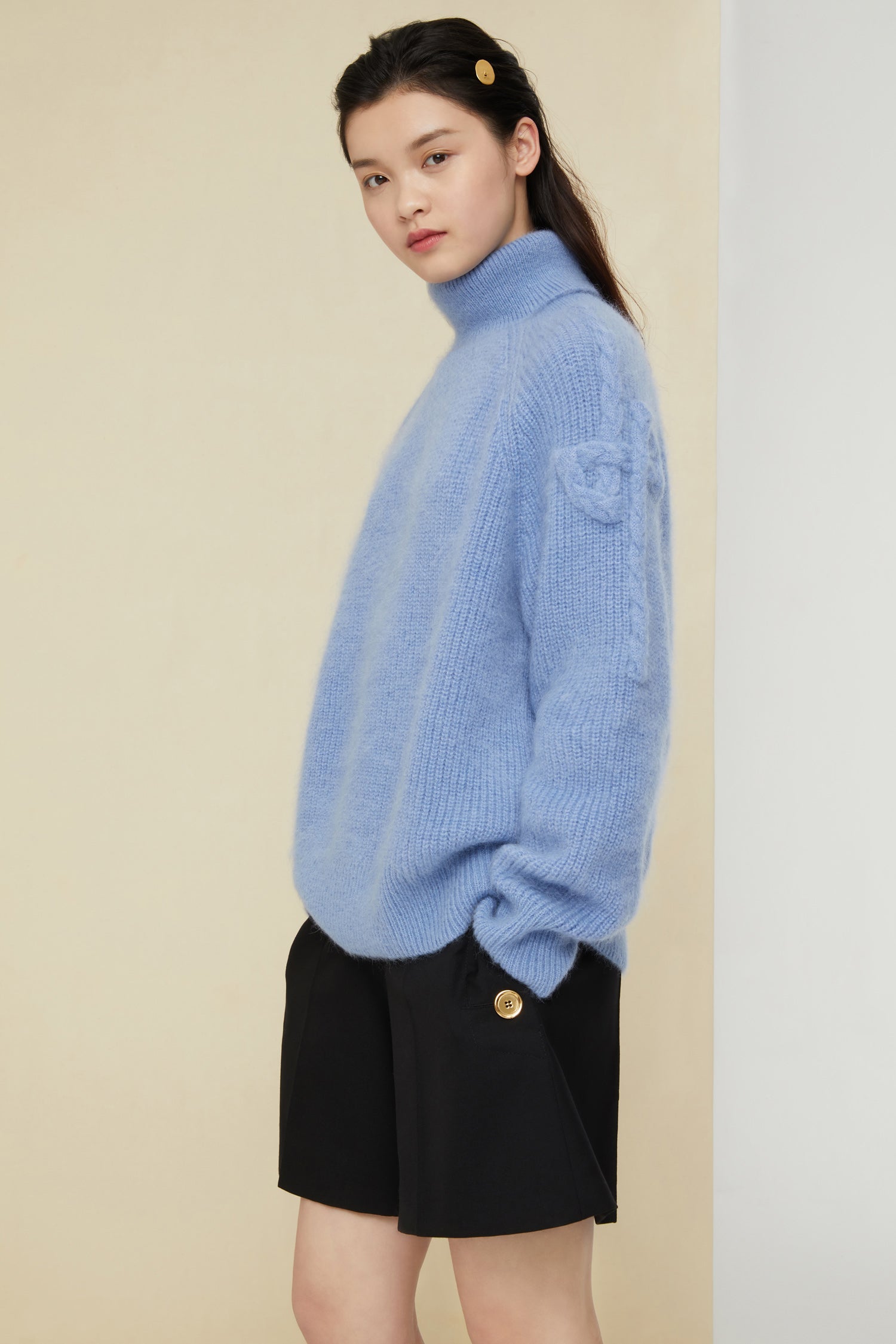 Patou - Mohair blend turtleneck jumper - Blueberry - Reinventing a signature.Blueberry light blue turtleneck jumper in a wool and mohair blend. Loose fit. Cable knit JP logo on both sleeves.