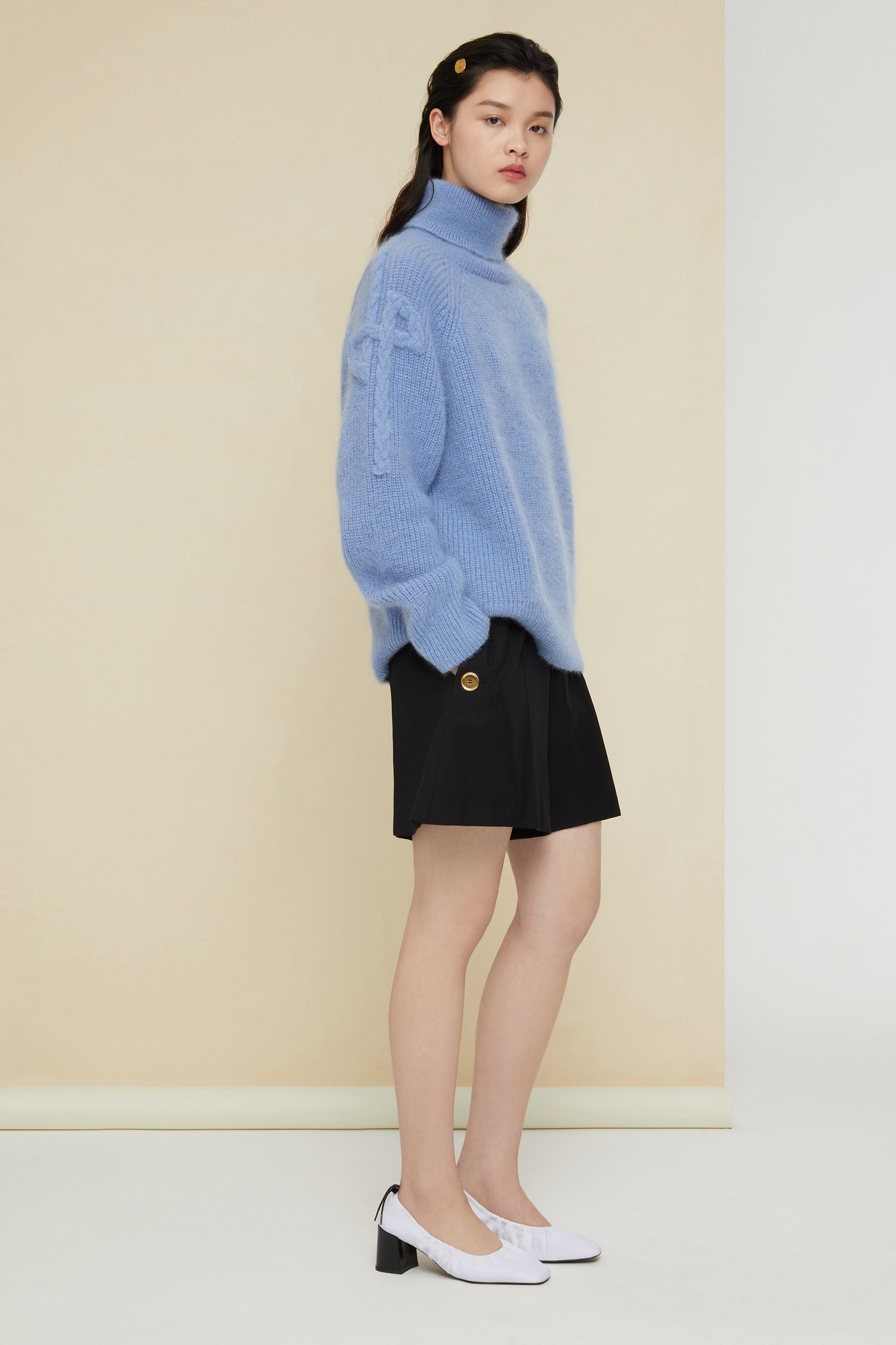 Patou - Mohair blend turtleneck jumper - Blueberry - Reinventing a signature.Blueberry light blue turtleneck jumper in a wool and mohair blend. Loose fit. Cable knit JP logo on both sleeves.