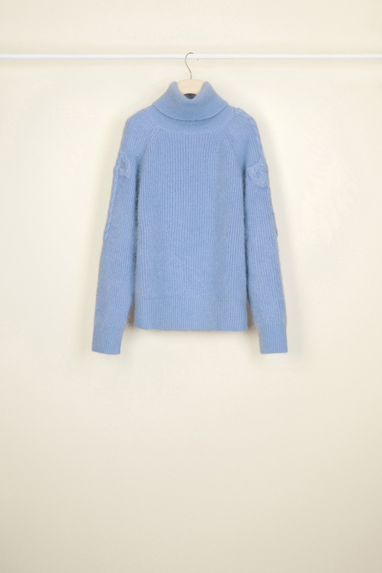 Patou - Mohair blend turtleneck jumper - Blueberry - Reinventing a signature.Blueberry light blue turtleneck jumper in a wool and mohair blend. Loose fit. Cable knit JP logo on both sleeves.