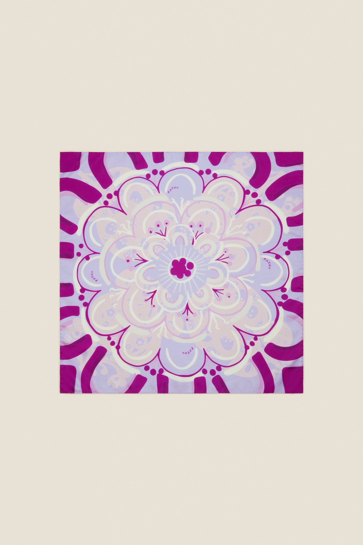 Patou - Foulard in seta con stampa floreale - Wisteria Flower - Un coloratissimo giardino invernale dalla flora molto speciale.Foulard in twll di seta con disegno Wisteria Flower realizzato a mano. Logo Patou scritto a mano.