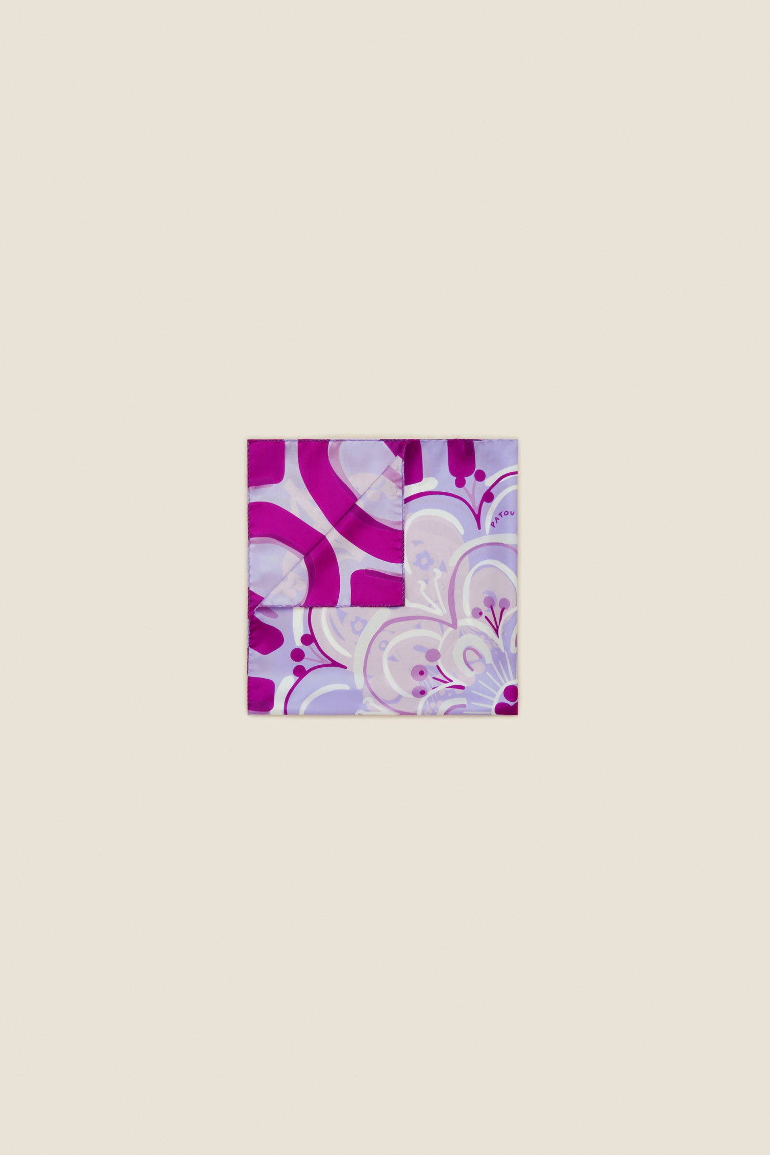 Patou - Floral print silk foulard - Wisteria Flower - A fantasy winter garden of rare Patou blooms. Silk twill square scarf featuring a Wisteria Flower pattern. Entirely drawn by hand. Handwritten Patou signature.