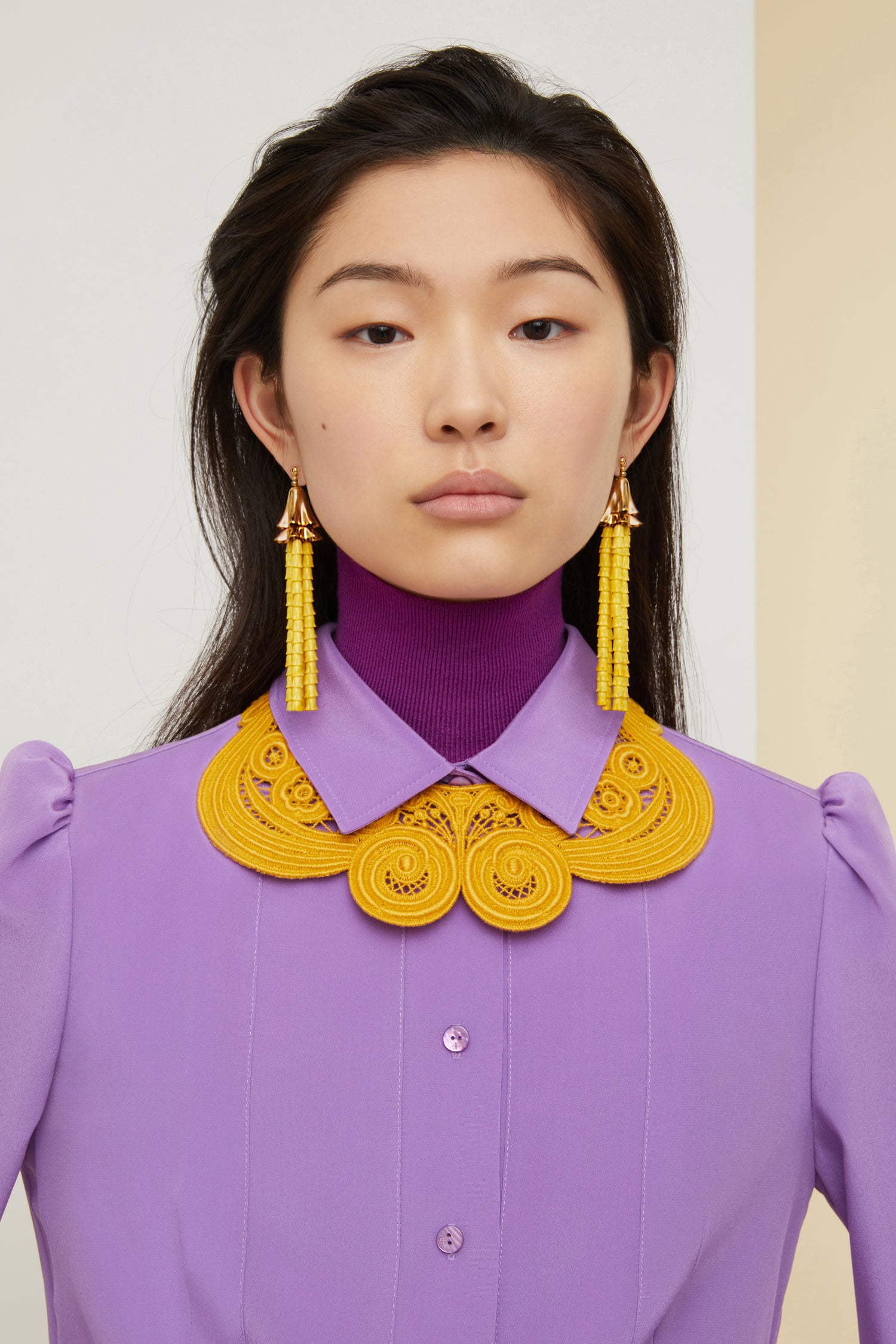 Patou - Pleated silk midi shirt dress - Amethyst - Elongated and pleated, the shirt reinvented. Amethyst silk crepe midi dress. Shirt-inspired silhouette with button fastening down the bodice. Puffed shoulders. Wide buttoned cuffs. Belted at the waist. Pleated skirt.