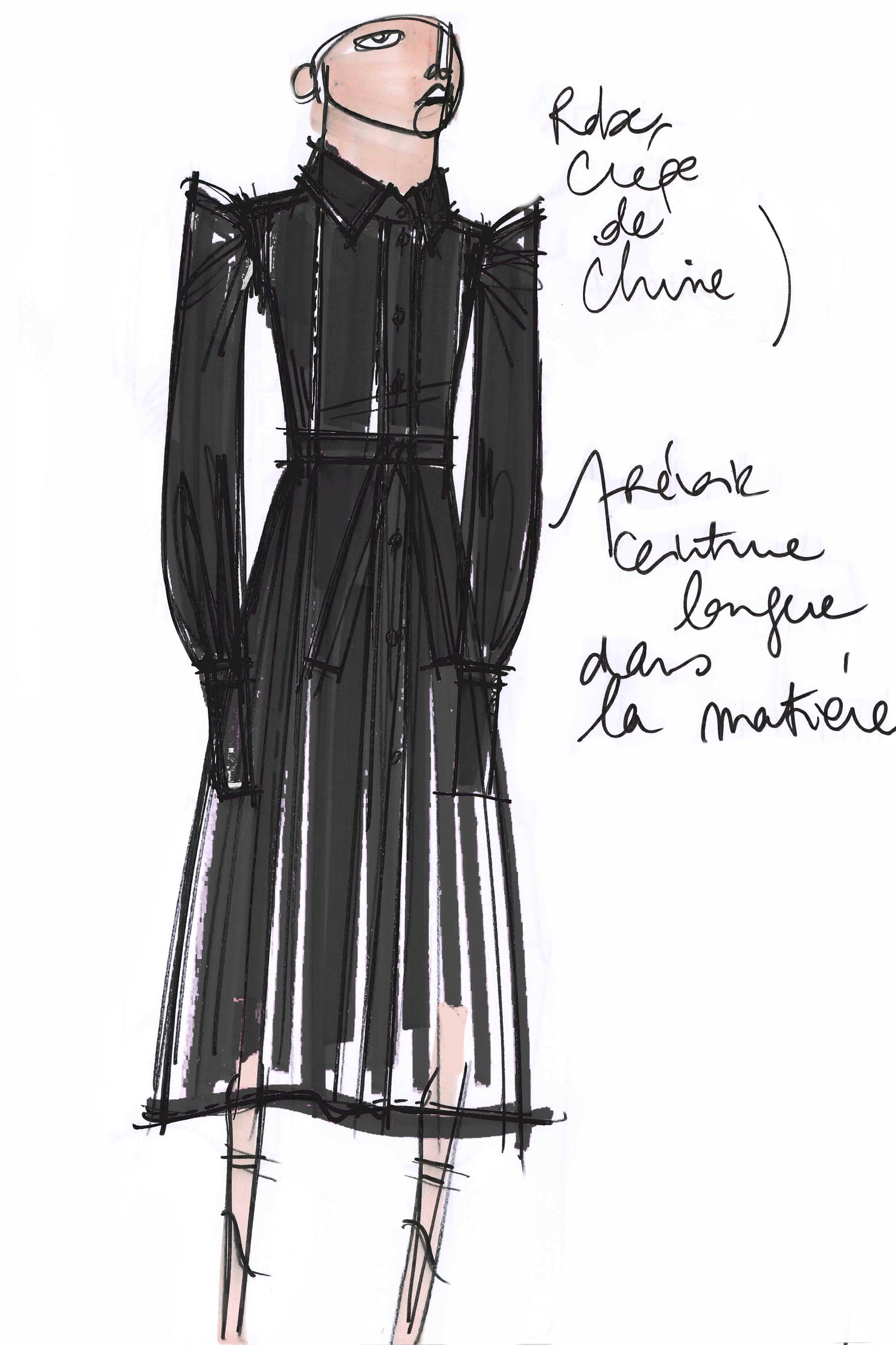 Patou - Pleated silk midi shirt dress - Black - Elongated and pleated, the shirt reinvented. Black silk crepe midi dress. Shirt-inspired silhouette with button fastening down the bodice. Puffed shoulders. Wide buttoned cuffs. Belted at the waist. Pleated skirt.