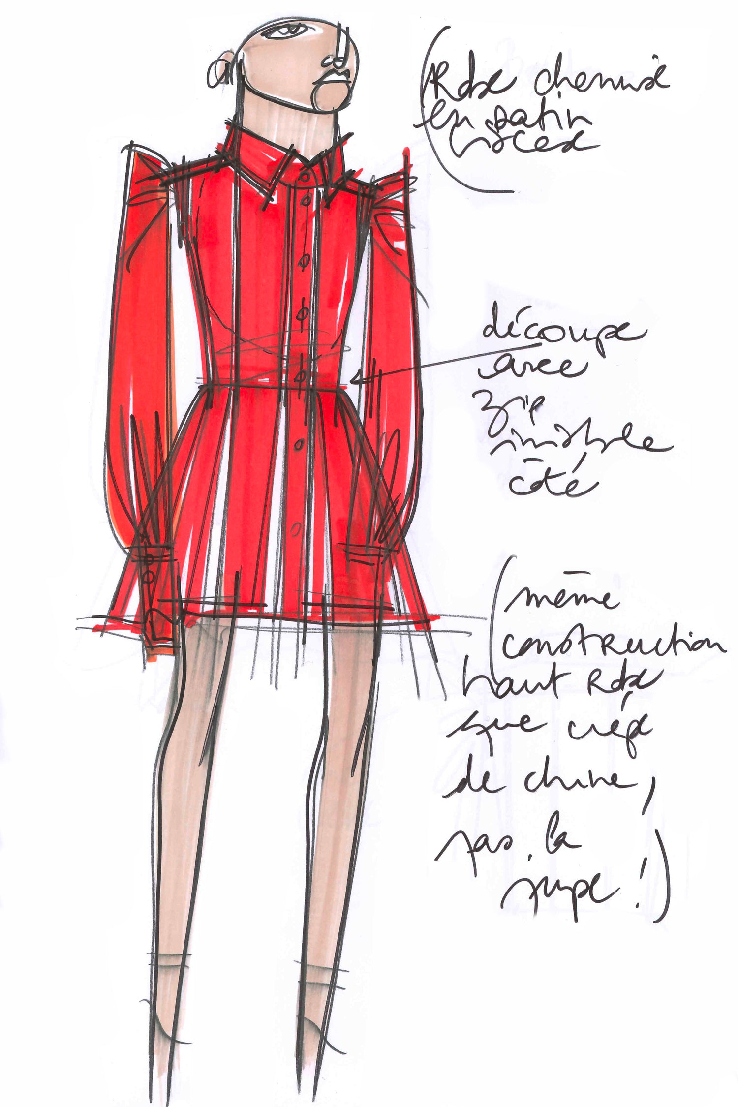 Patou - プリーツ ミニシャツドレス - Poppy - スリムなシルエットにプリーツ、シャツを斬新に解釈。 ポピーレッドのシルキーサテン製ミニドレス。シャツスタイルのシルエット、ボタン留めボディス。パフスリーブ。ボタン付きのワイドな袖口。プリーツスカート。
