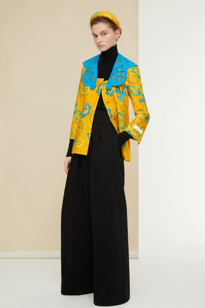 Printed organic tweed jacket with guipure collar