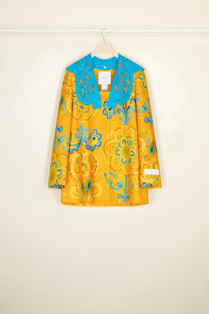 Printed organic tweed jacket with guipure collar