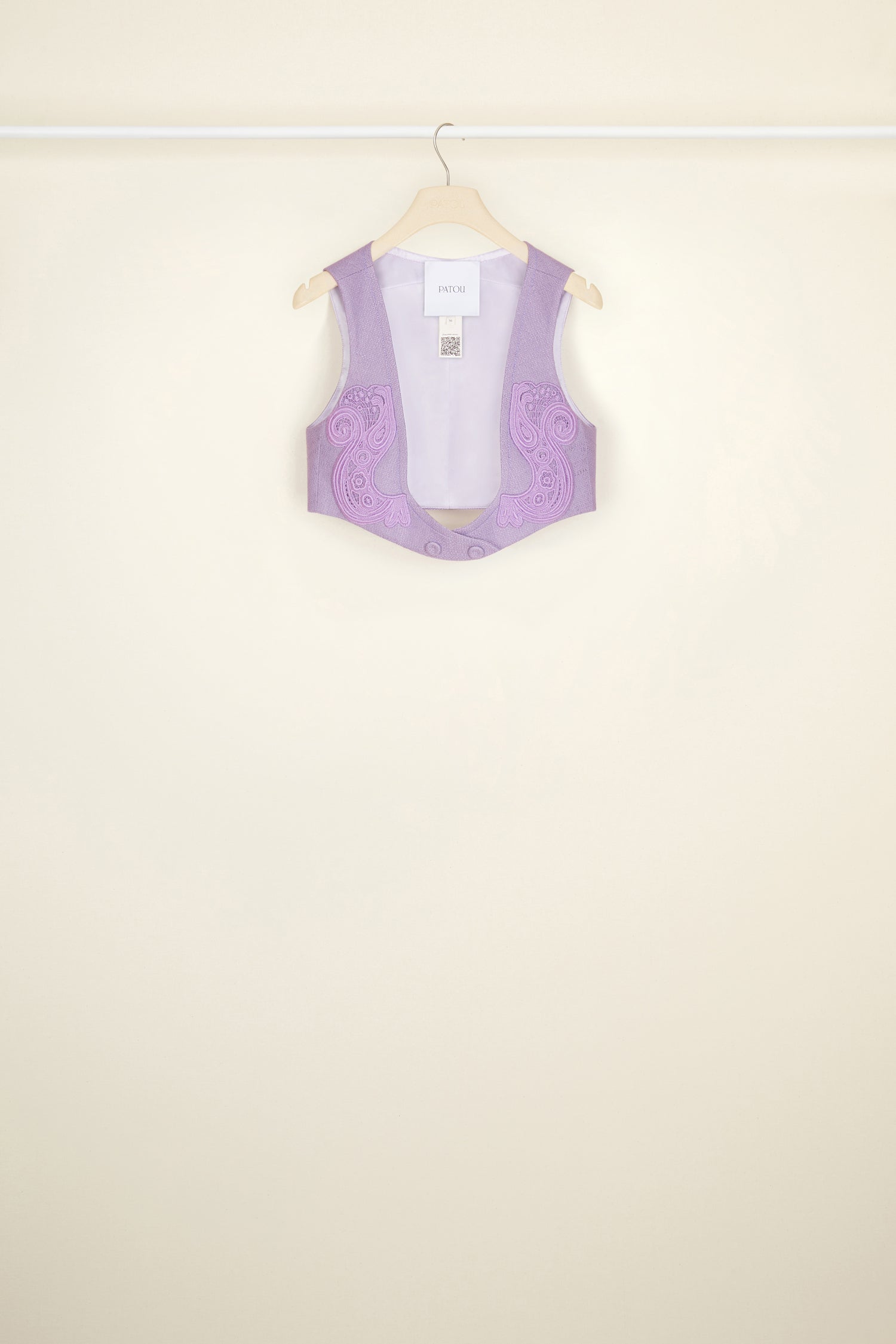 Patou - Guipure-embellished waistcoat in organic tweed - Lavender - An embellished addition to spark inspiration. Lavender cotton and wool tweed waistcoat. Short fitted style. Tone-on-tone floral guipure appliqués at the front. Fastens via two fabric-covered buttons. Signature curved seam at the back. Fully lined.