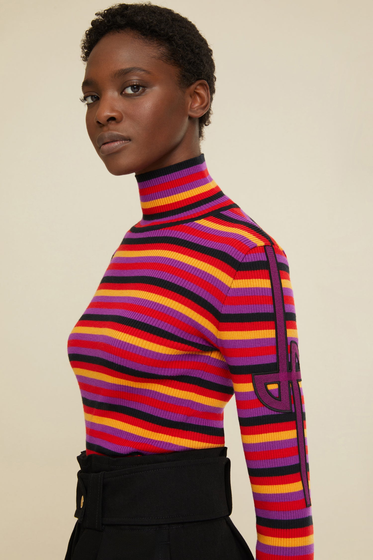 Patou - Maglione a righe con collo alto - Fuschia - Le righe se reinventano in versione Technicolor. Maglione in lana a costine fucsia con righe multicolori. Vestibilità aderente. Collo alto. Logo JP viola con bordo nero ricamato sulla manica sinistra.