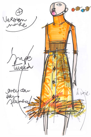 Gonna midi in tweed bio e piume