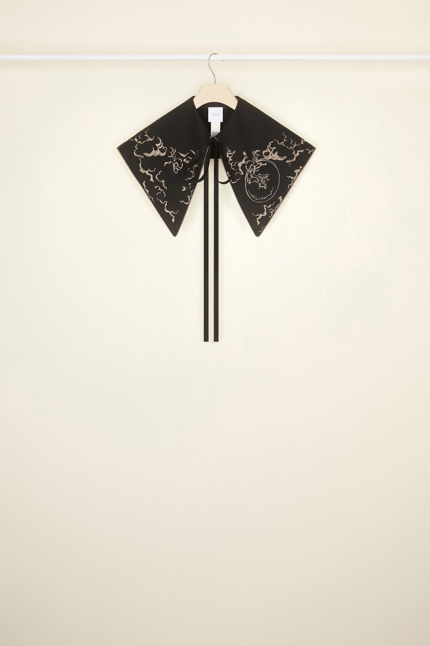 Patou - Embroidered collar in organic cotton - Black - A touch of embroidery with a touch of whimsy.  Black organic cotton collar with embroidered motifs inspired by the “Bocca della Verità”. Oversized pointed design. Ties at the front.
