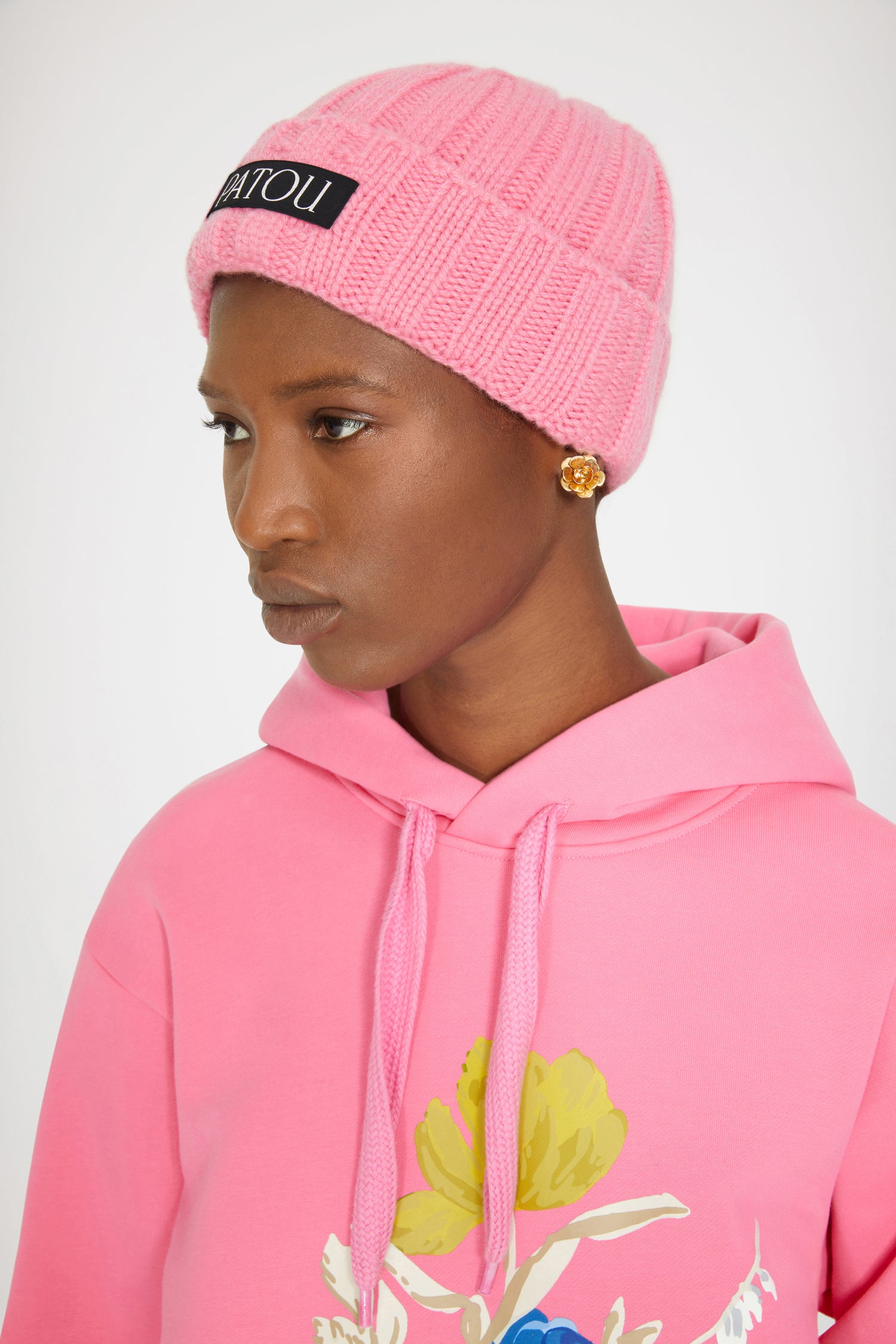 Patou - Ribbed wool beanie - Darling Pink - This winter warmer is a real Patou winner. Darling Pink wool beanie. Thick ribbing. Turn-up hem. Black Patou label.