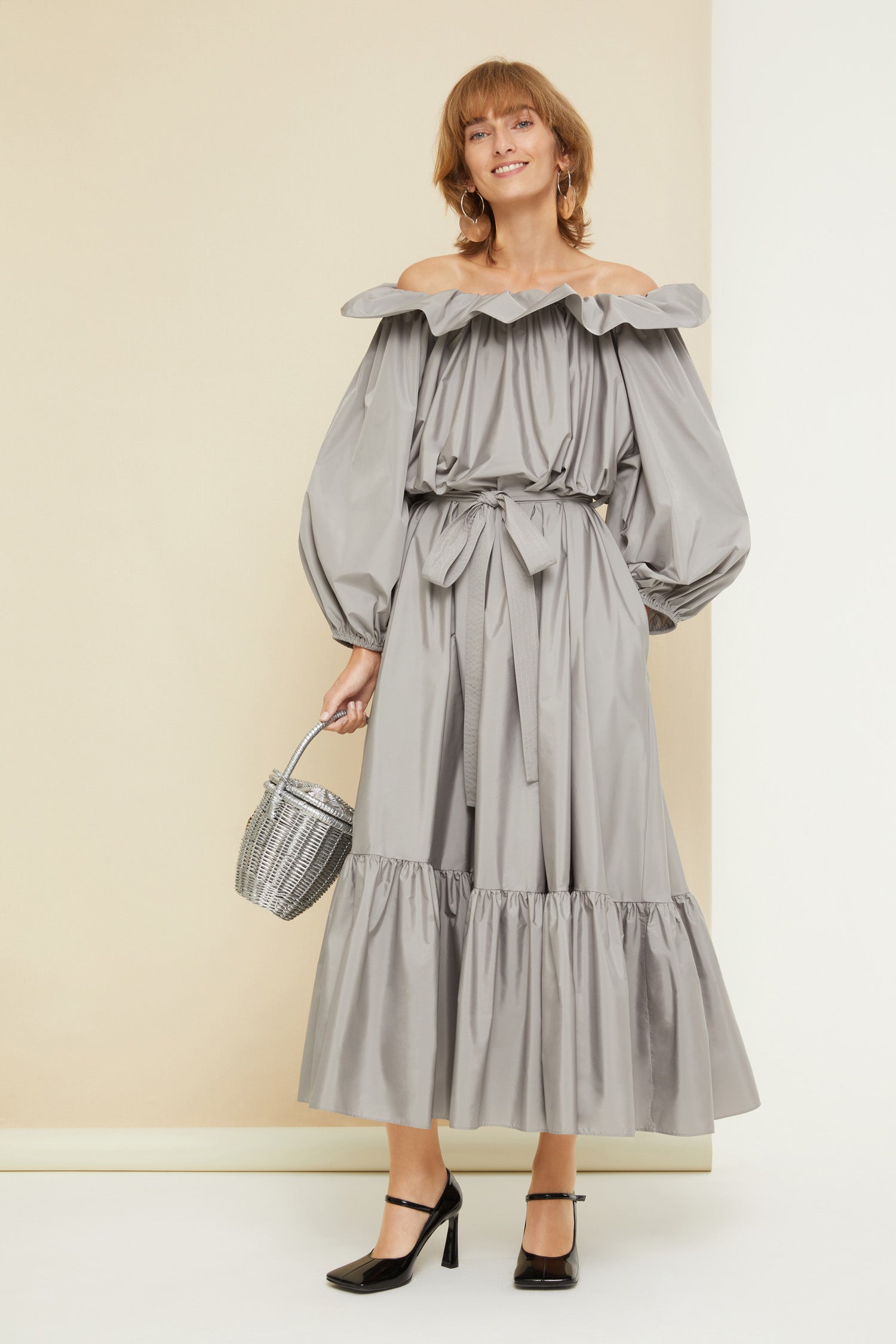 Patou - Maxi dress in eco-friendly faille - Grey - Evening volumes in a Patou palette.Grey eco-friendly faille maxi dress. Elasticated neckline with ruffle that can be worn off the shoulders. Long  balloon sleeves with elasticated cuffs. Removable belt at the waist. Tiered hem.