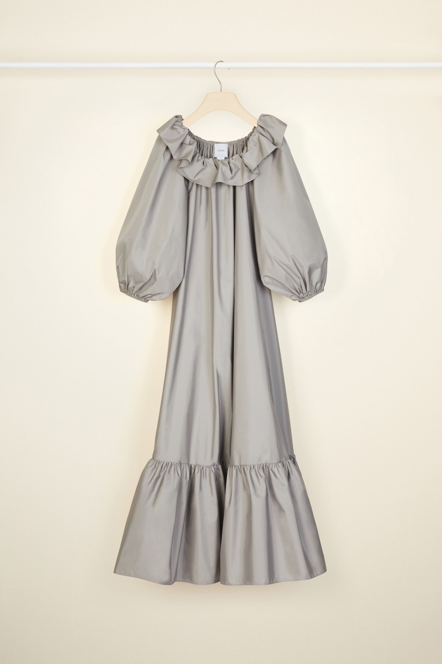 Patou - Maxi dress in eco-friendly faille - Grey - Evening volumes in a Patou palette.Grey eco-friendly faille maxi dress. Elasticated neckline with ruffle that can be worn off the shoulders. Long  balloon sleeves with elasticated cuffs. Removable belt at the waist. Tiered hem.