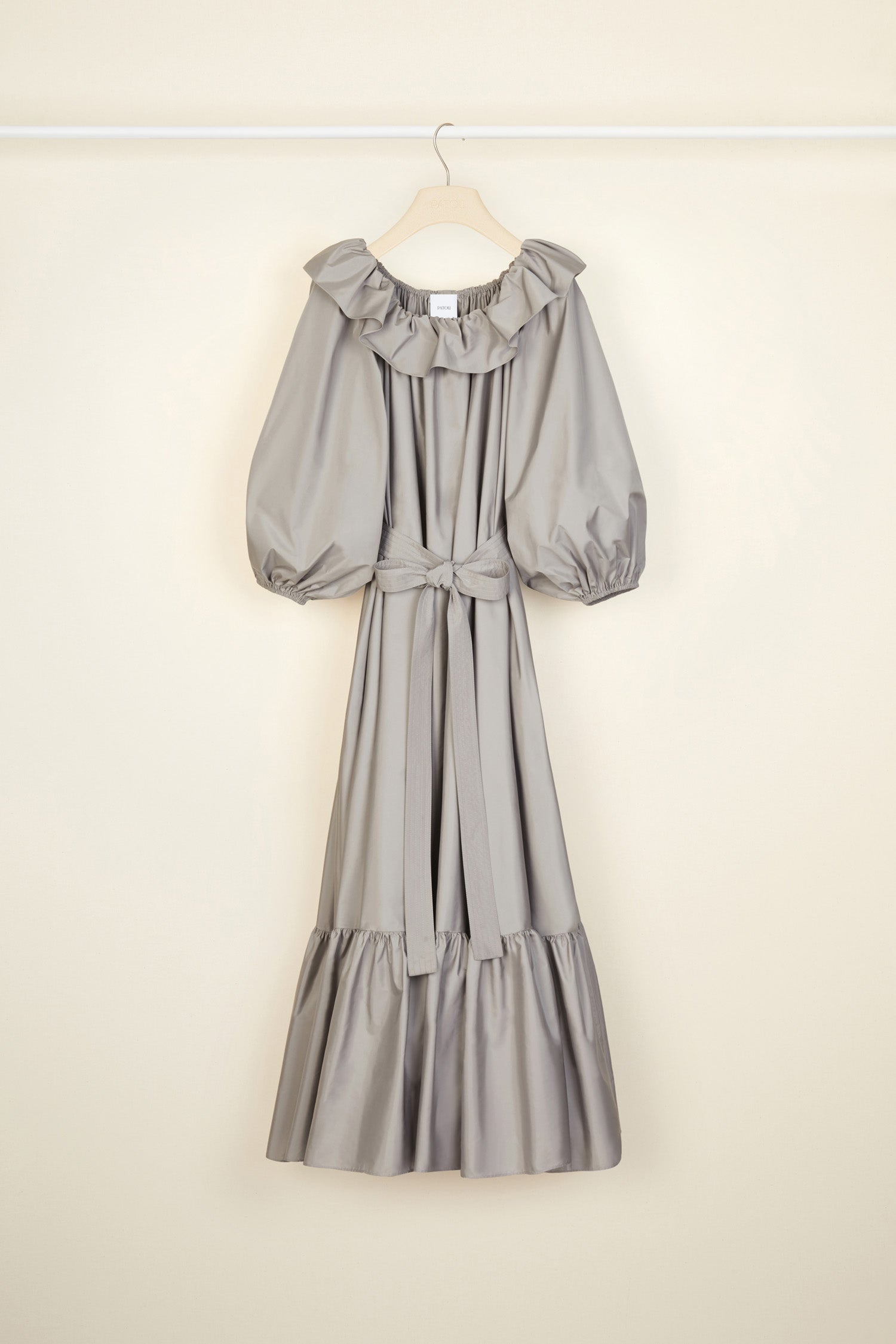 Patou - Maxi dress in eco-friendly faille - Grey - Evening volumes in a Patou palette.Grey eco-friendly faille maxi dress. Elasticated neckline with ruffle that can be worn off the shoulders. Long  balloon sleeves with elasticated cuffs. Removable belt at the waist. Tiered hem.