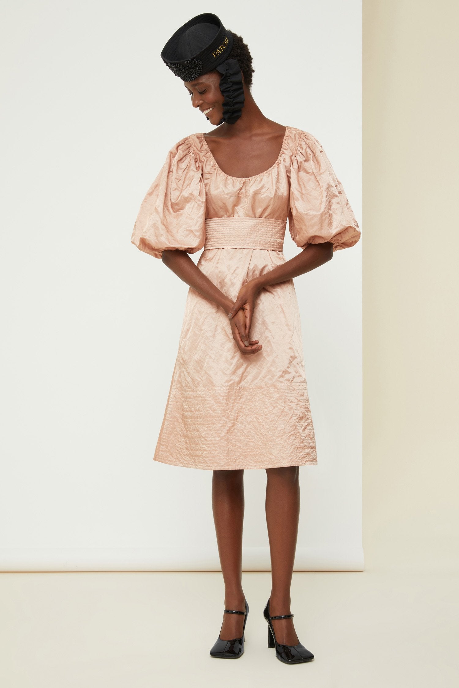 Patou - Cocktail dress in metal satin - Powdery Pink - Metal satin makes a Patou debut, with an effortless charm that is so very you.Powdery pink knee length dress. Metal satin with a natural rumpled look. Elasticated neckline that can be worn off the shoulders. Puff sleeves with elasticated cuffs. Removable wide belt with button fastening. Overstitched detailing on the belt and skirt. Pockets at the sides.