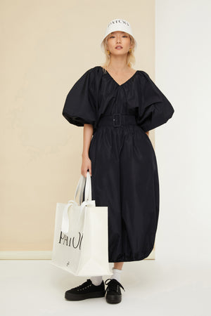 Belted maxi dress in eco-friendly faille