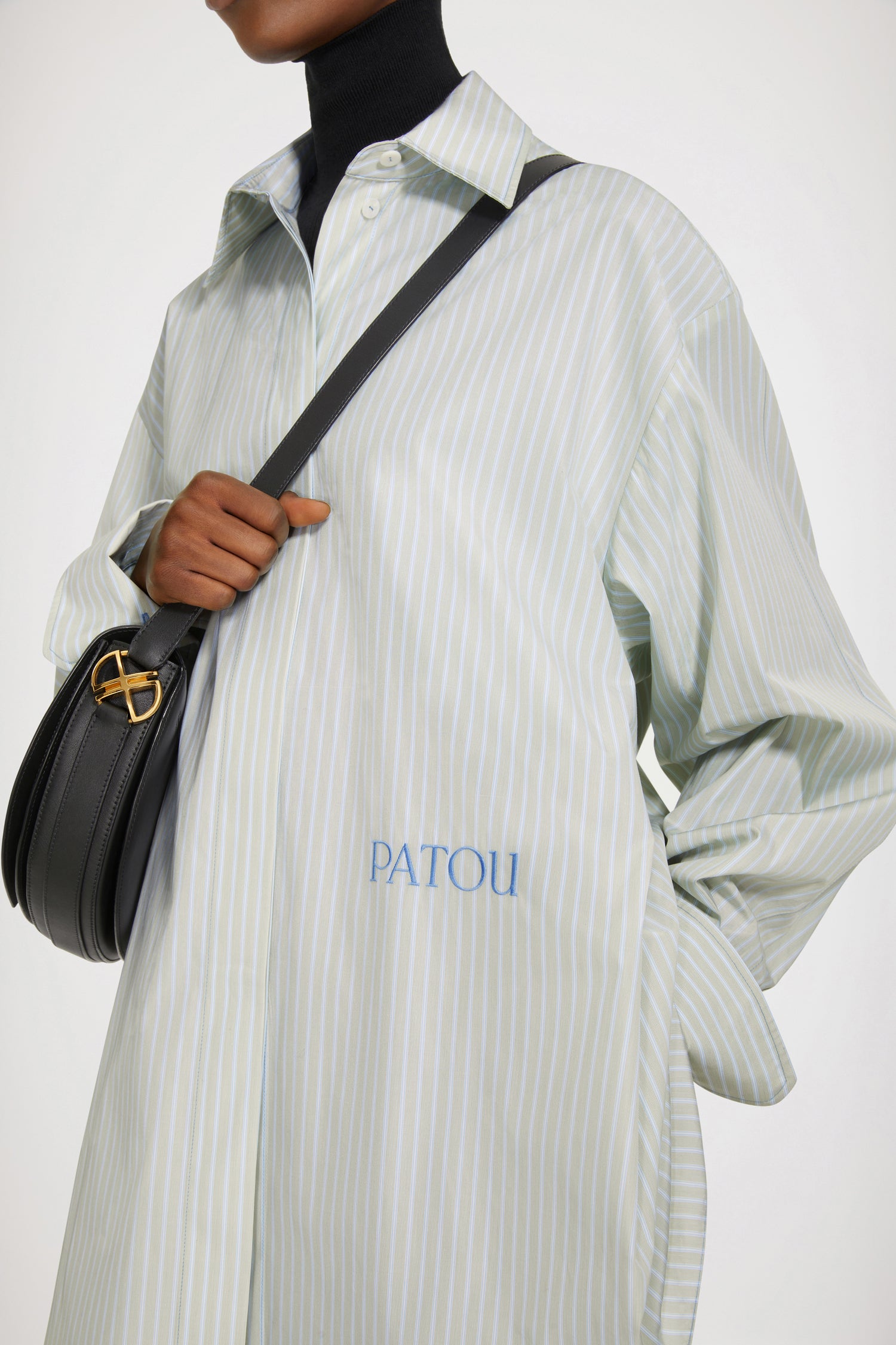 Patou - Mini shirt dress in organic cotton - Silver Green - Long shirt or short dress? There are two sides to every Patou story!Silver Green organic cotton dress. Contrasting stripes. Short hemline. Concealed button fastening. Patou logo embroidered at the front. Buttoned cuffs. Loose fit (select one size down for a fitted look).
