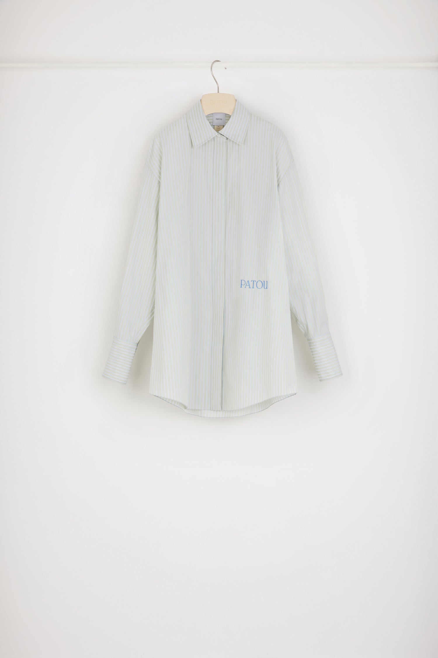 Patou - Mini shirt dress in organic cotton - Silver Green - Long shirt or short dress? There are two sides to every Patou story!Silver Green organic cotton dress. Contrasting stripes. Short hemline. Concealed button fastening. Patou logo embroidered at the front. Buttoned cuffs. Loose fit (select one size down for a fitted look).