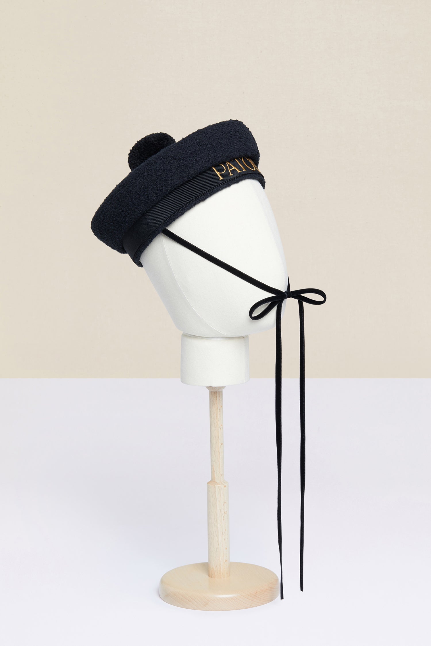 Patou - Tweed sailor hat - Black - With a pompom on top!Patou’s take on the traditional sailor hat, crafted from black cotton tweed. Black grosgrain base with lettering logo embroidered in gold letters. Fastens via black velvet ties. Topped off with a detachable black pompom.