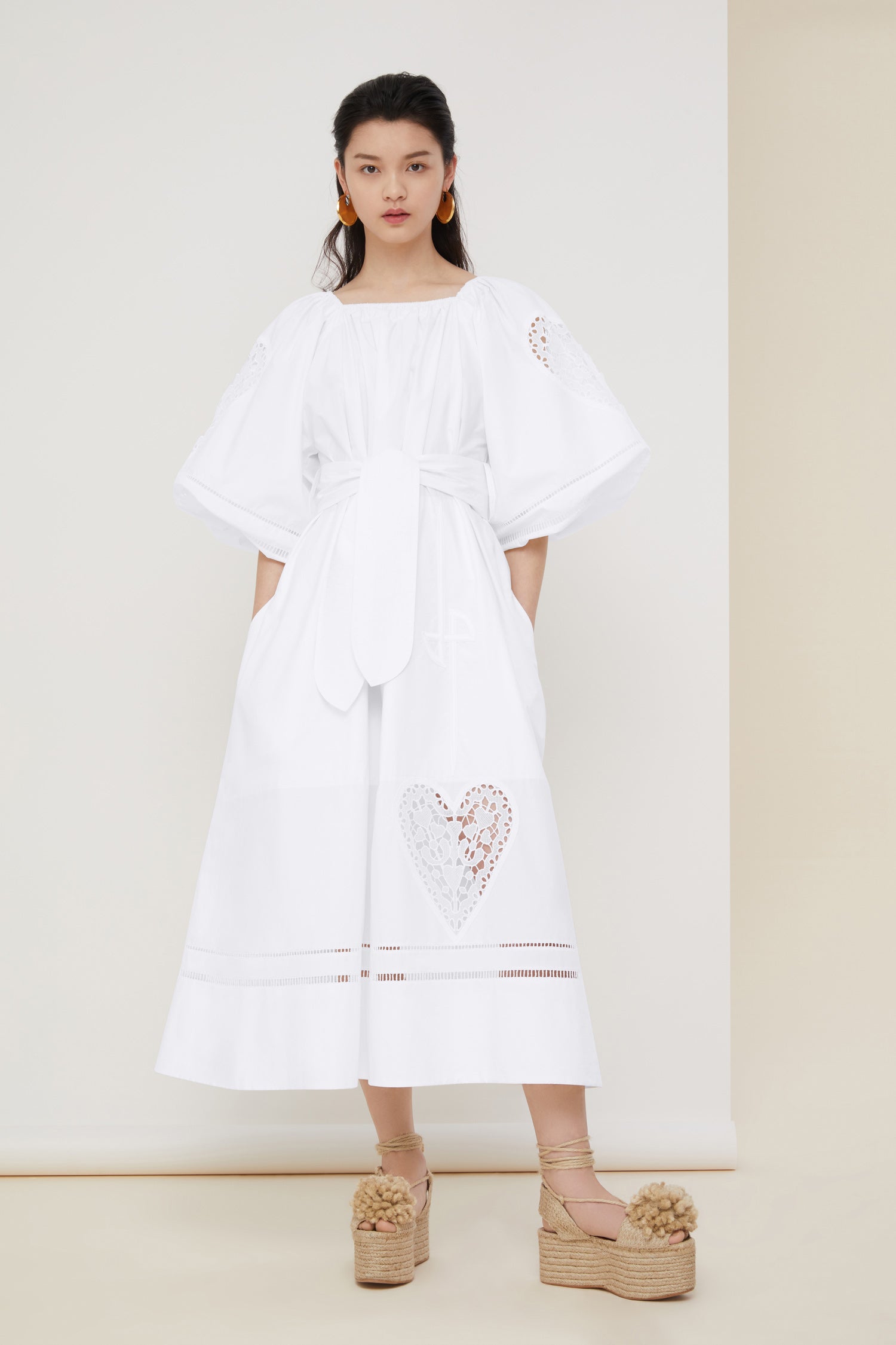 Patou - Openwork poplin maxi dress - White - Long summer days call for long poplin dresses.Black cotton poplin maxi dress. Openwork detailing all over. Elasticated neckline that can be worn off the shoulders. Puffy sleeves with elasticated cuffs. Wide belt at the waist. Pockets at the sides.
