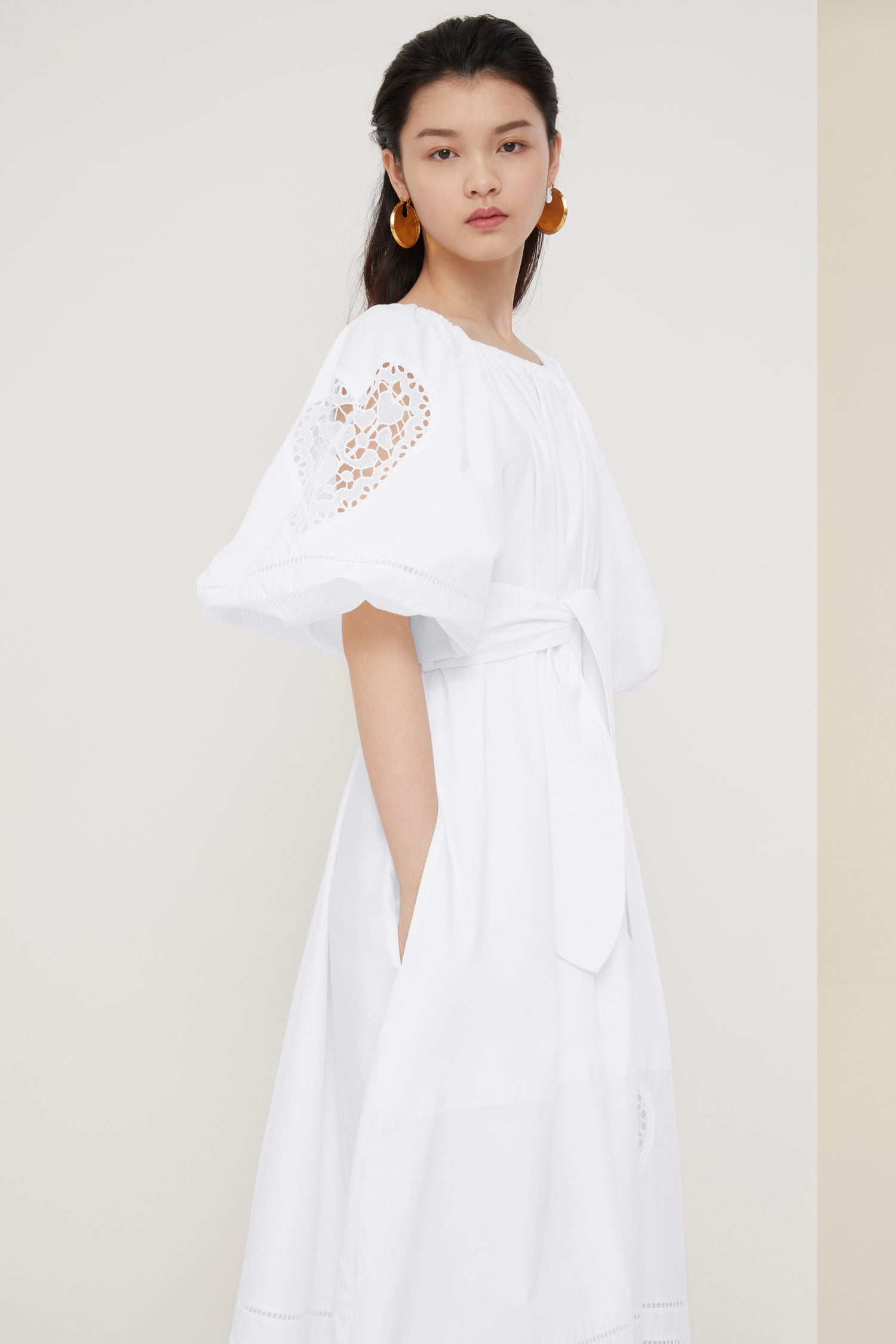Patou - Openwork poplin maxi dress - White - Long summer days call for long poplin dresses.Black cotton poplin maxi dress. Openwork detailing all over. Elasticated neckline that can be worn off the shoulders. Puffy sleeves with elasticated cuffs. Wide belt at the waist. Pockets at the sides.