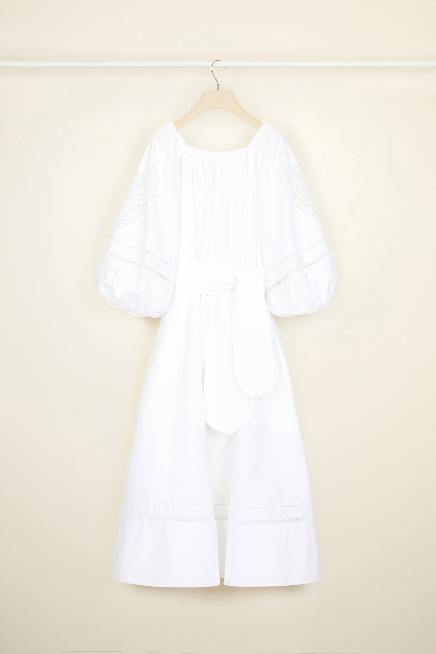 Patou - Openwork poplin maxi dress - White - Long summer days call for long poplin dresses.Black cotton poplin maxi dress. Openwork detailing all over. Elasticated neckline that can be worn off the shoulders. Puffy sleeves with elasticated cuffs. Wide belt at the waist. Pockets at the sides.
