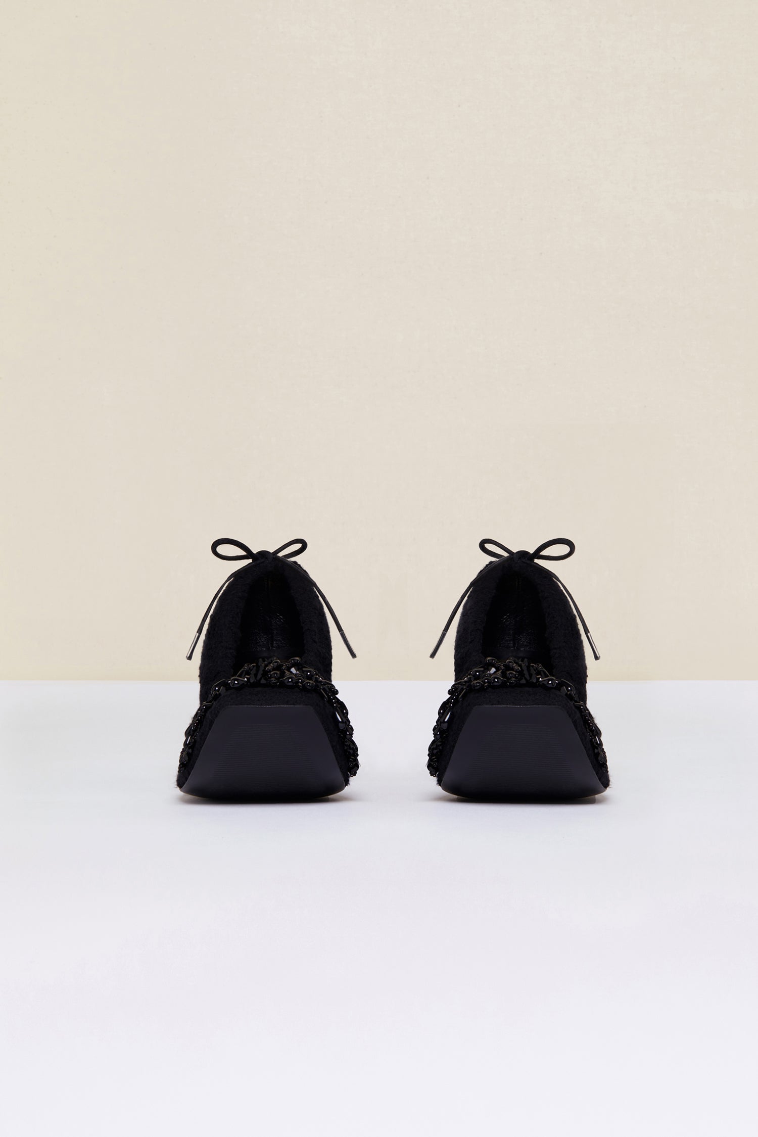 Patou - Pearl-embellished tweed pumps - Black - Summer tweed with a side of pearls.Drawstring pumps crafted from black cotton tweed. Black pearl pompom embellishment. Square toe. Black ties that fasten at the back. Block heel.