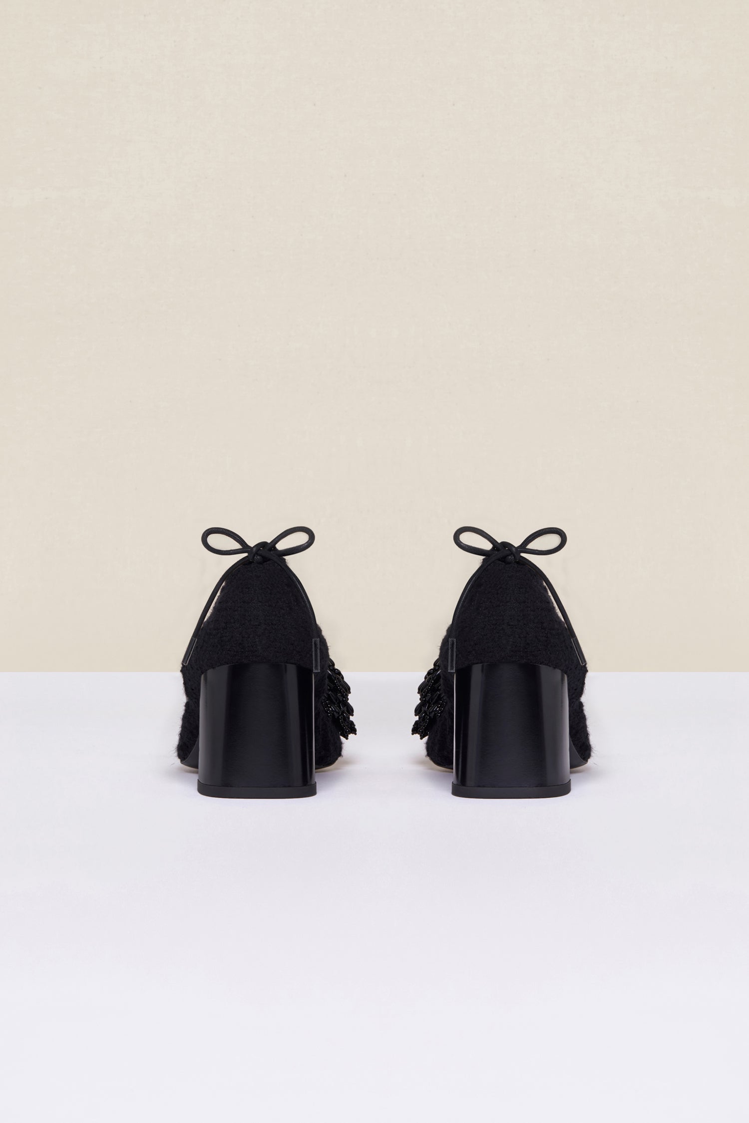 Patou - Pearl-embellished tweed pumps - Black - Summer tweed with a side of pearls.Drawstring pumps crafted from black cotton tweed. Black pearl pompom embellishment. Square toe. Black ties that fasten at the back. Block heel.