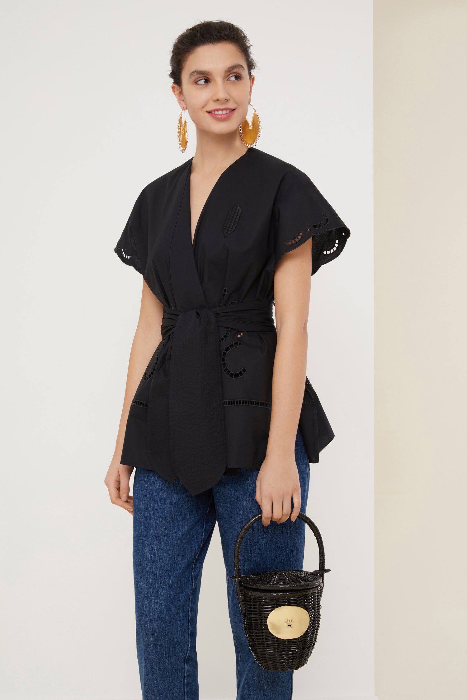 Patou - Openwork poplin top - Black - Architectures in summertime cotton.Black organic cotton poplin top. Mock wrap silhouette with wide belt at the waist. Openwork detailing all over with stylised JP logo embroidered across the chest. Split sides.