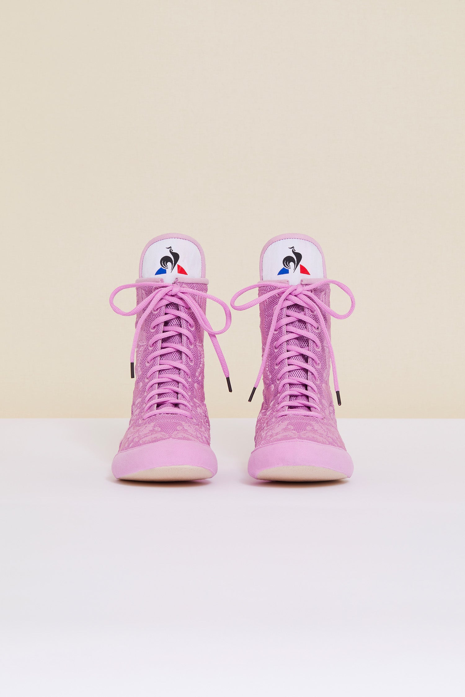 Patou - Embroidered high-top trainers - Lilac - Lilac - Couture florals are the embellishment du jour.  First collaboration between Patou and Le Coq Sportif. Lilac high-top trainers inspired by classic boxing shoes. Monochrome floral embroideries, Patou logo engraved on the heel. Original Le Coq Sportif logo on the tongue. Flexible rubber sole with embossed Patou logo.