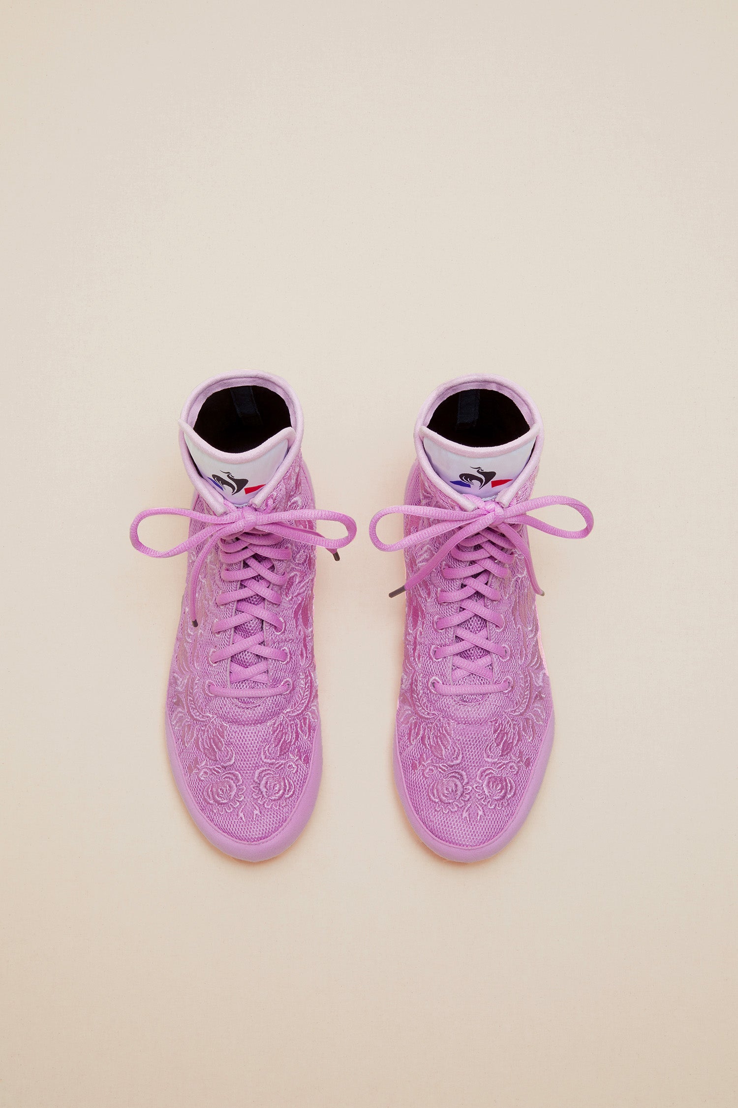 Patou - Embroidered high-top trainers - Lilac - Lilac - Couture florals are the embellishment du jour.  First collaboration between Patou and Le Coq Sportif. Lilac high-top trainers inspired by classic boxing shoes. Monochrome floral embroideries, Patou logo engraved on the heel. Original Le Coq Sportif logo on the tongue. Flexible rubber sole with embossed Patou logo.