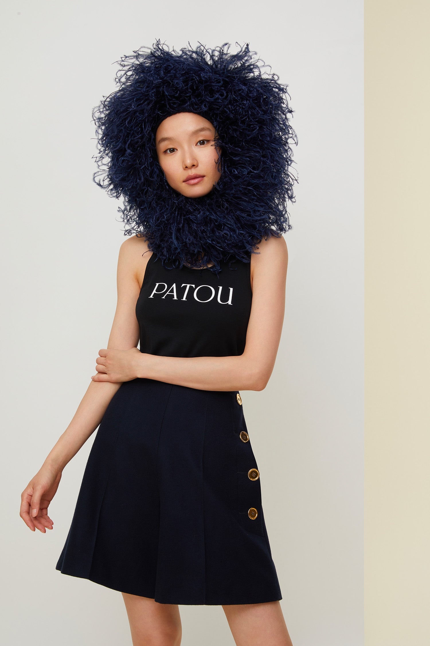 Patou - Feather embellished Merino wool hat - Navy - A feather embellishment for the Patou girl.Navy Merino wool hat with ostrich feather embellishment all over. Fastened under the chin with an engraved gold-coloured button.