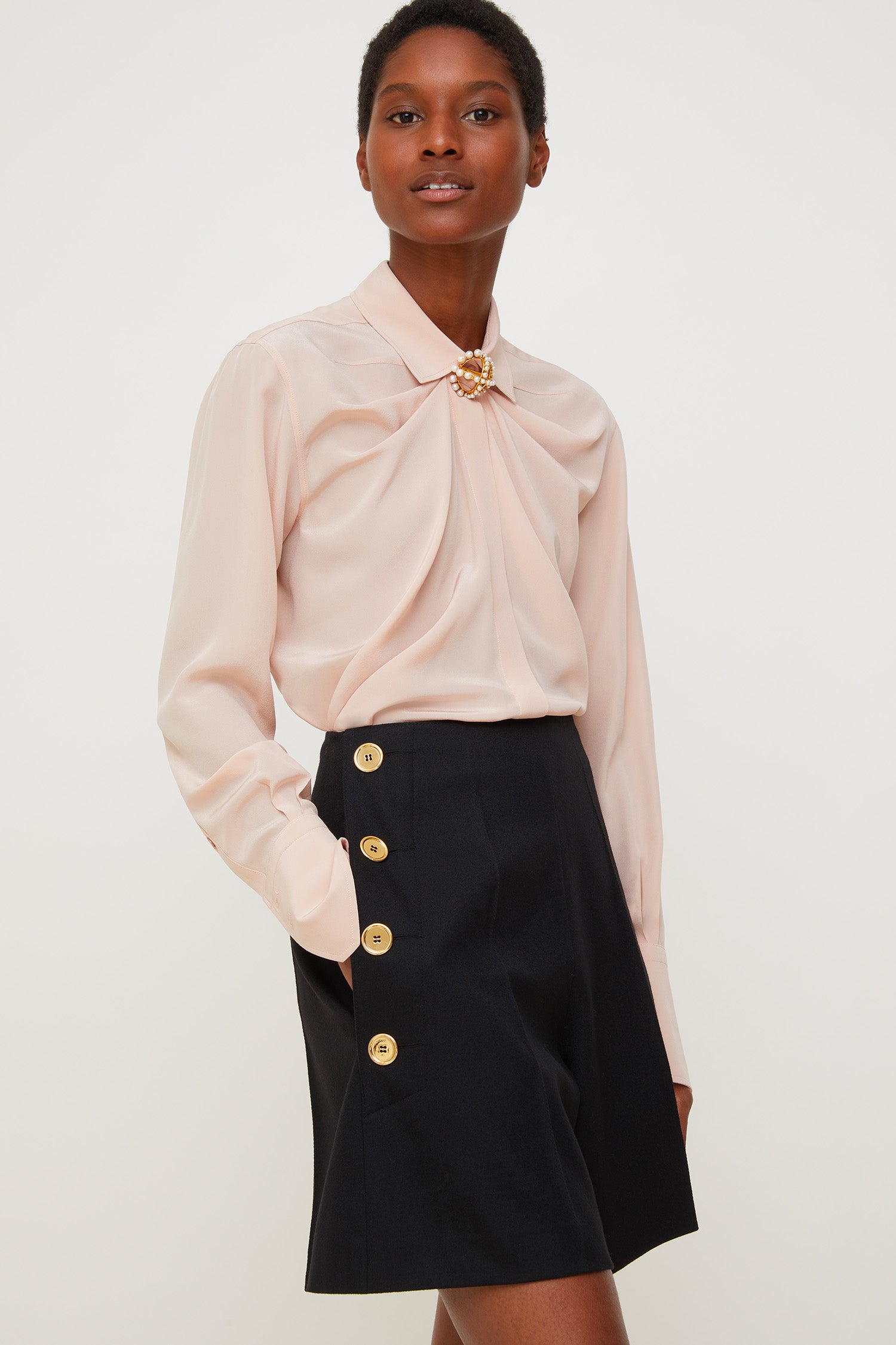 Patou - Draped silk blouse - Golden Beige - Delicately draped, effortlessly elegant.Golden beige silk blouse. Longline draped silhouette with shirring at the neckline. Engraved mother of pearl buttons at the collar and cuffs ; concealed button fastening. Signature curved seam at the back.