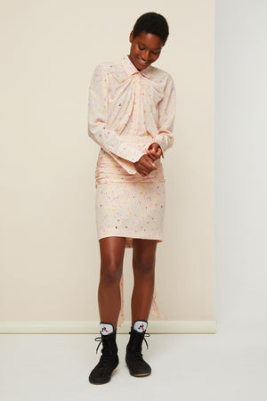 Printed draped silk blouse