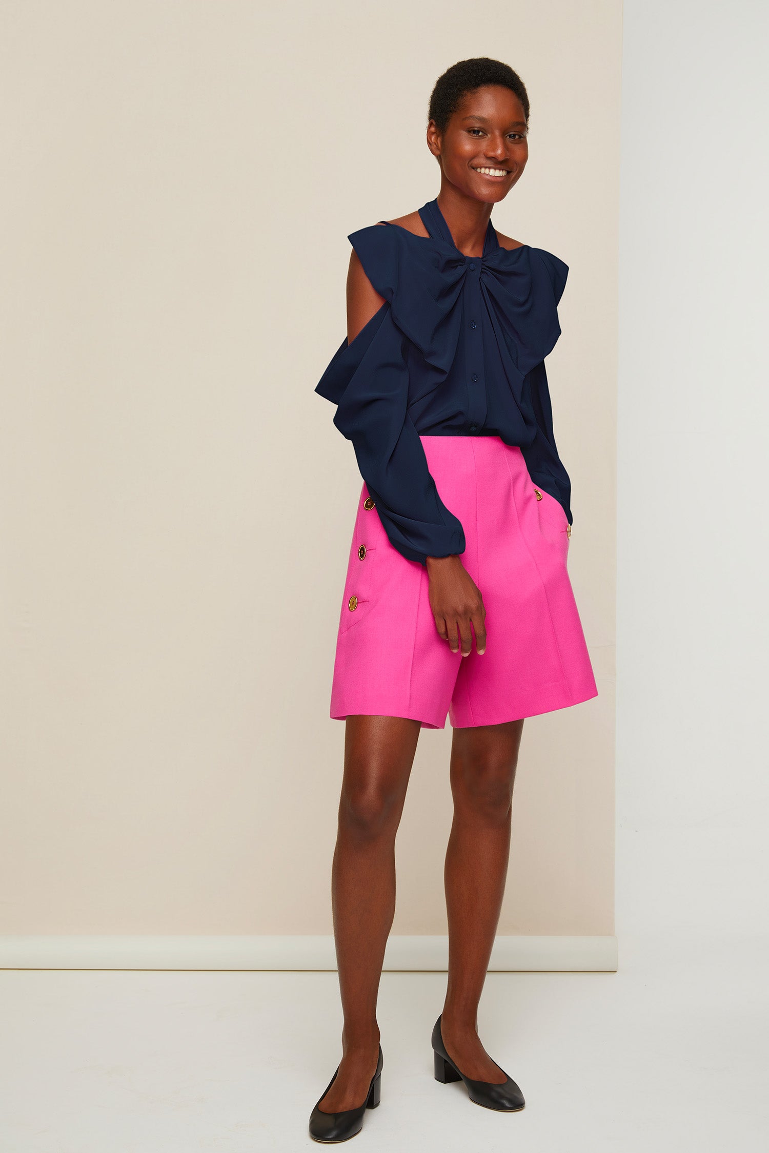 Patou - Cold-shoulder silk blouse - Navy - A masterclass in cutting and draping.Silk blouse with oversized bow at the front and shoulder cut-outs. Halterneck straps that cross at the back. Engraved mother of pearl buttons at the front and elasticated cuffs.