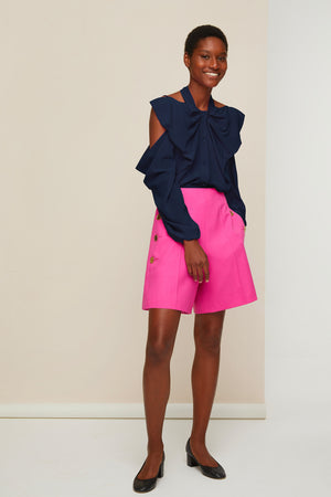 Cold-shoulder silk blouse