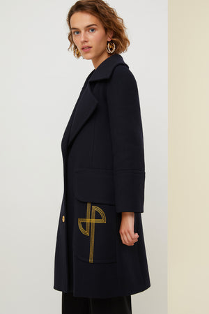 Longline wool coat with embroidered logo