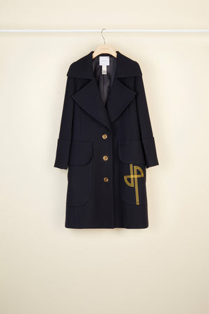 Longline wool coat with embroidered logo