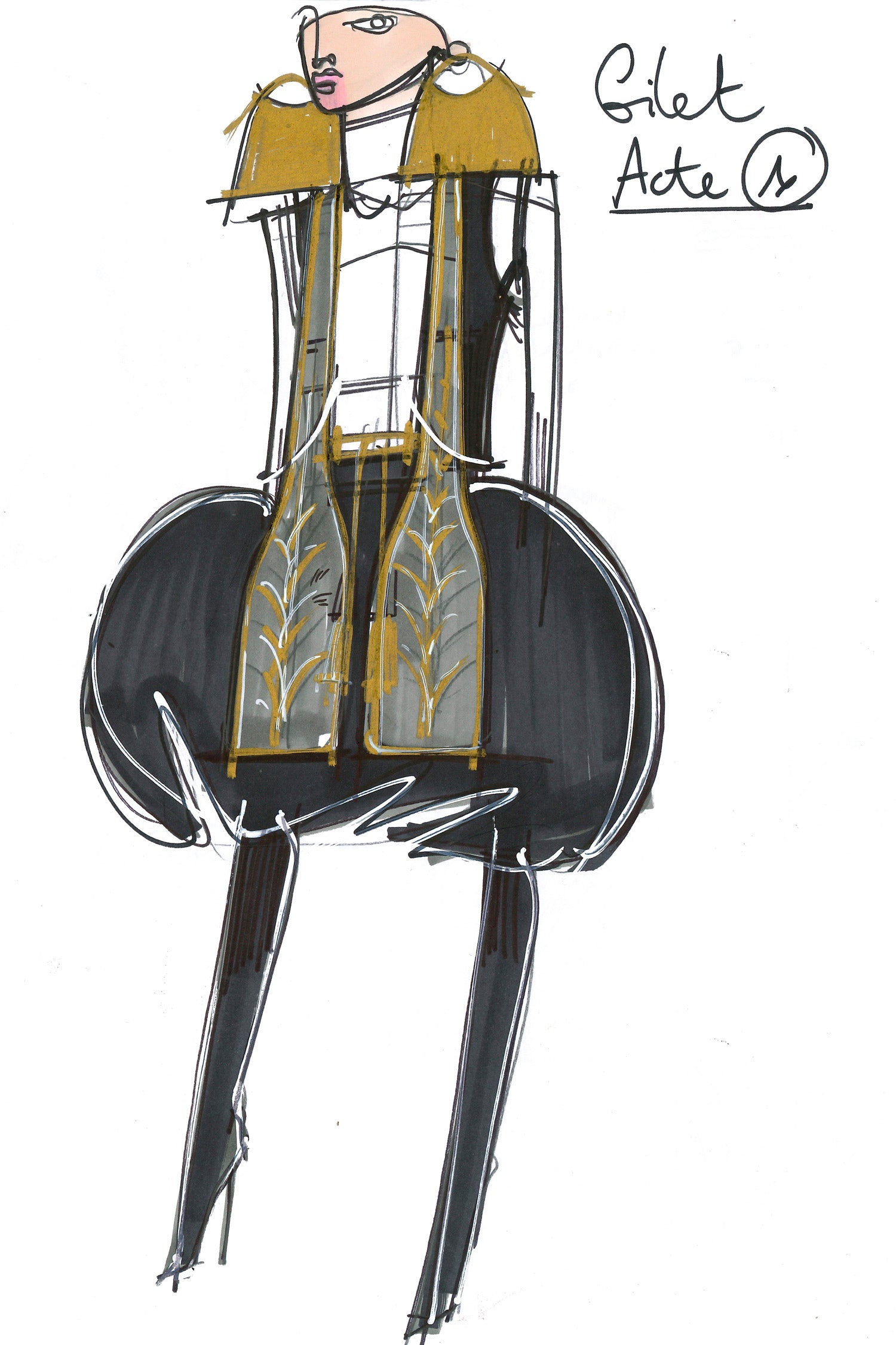 Patou - Embroidered lapel velvet gilet - Storm - Embroidered and elongated: the evolution of the lapel. Storm velvet gilet with exaggerated lapels featuring gold floral embroideries. Cord fastening at the front with crochet pompon embellishments. Self-tie martingale at the back.
