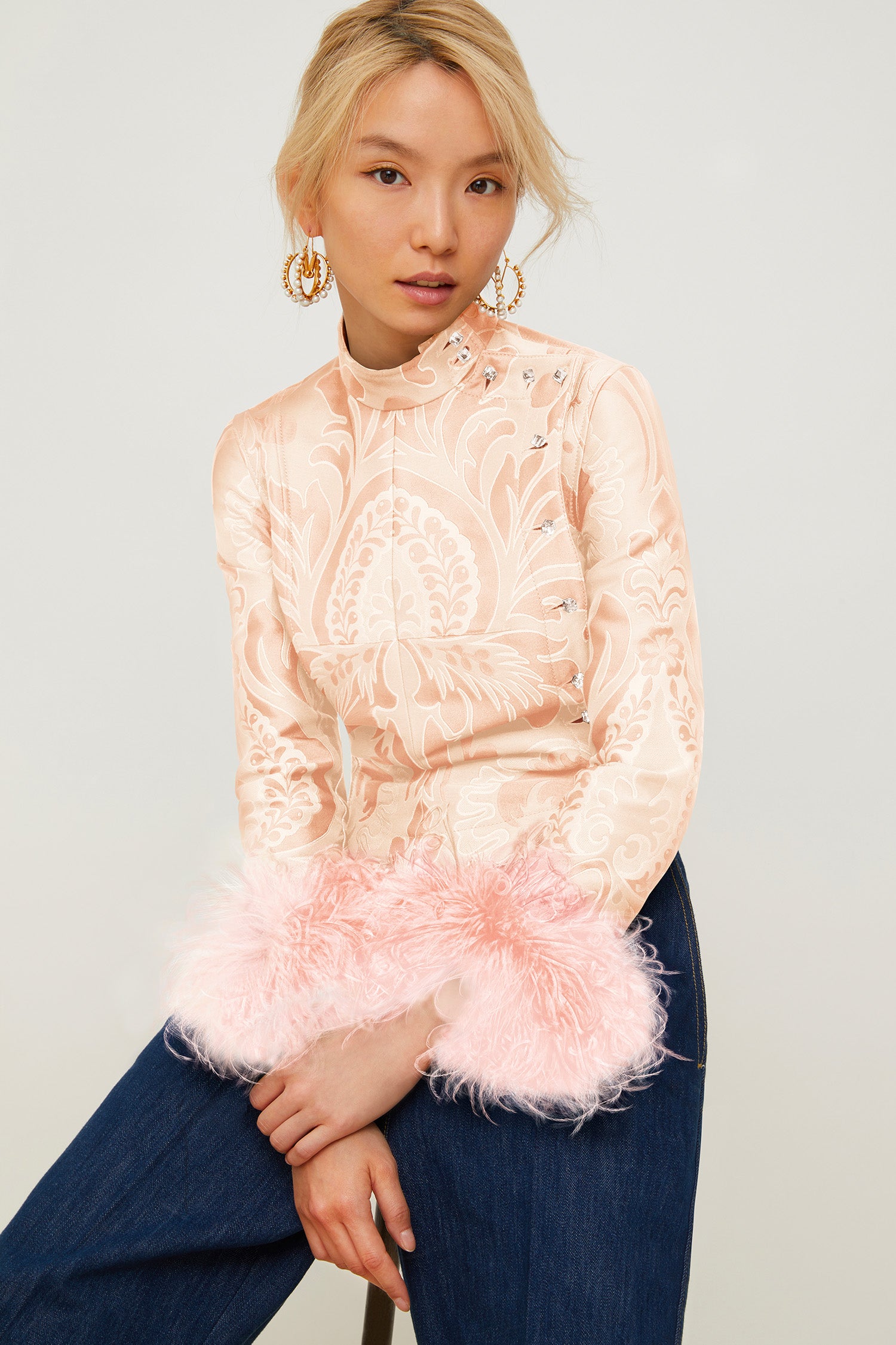 Patou - Feather-embellished silk brocade jacket - Peach Blossom - Brocade is timeless, feathers are forever!Cropped silk brocade jacket inspired by fencing uniforms. High collar and bejewelled buttons at the side. Removable ostrich feathers at the cuffs. Self-tie martingale at the back.