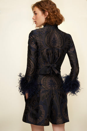 Feather-embellished silk brocade jacket