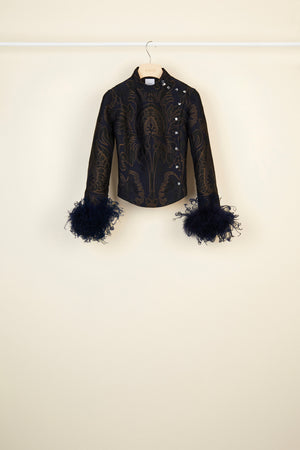 Feather-embellished silk brocade jacket