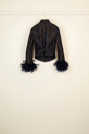 Feather-embellished silk brocade jacket