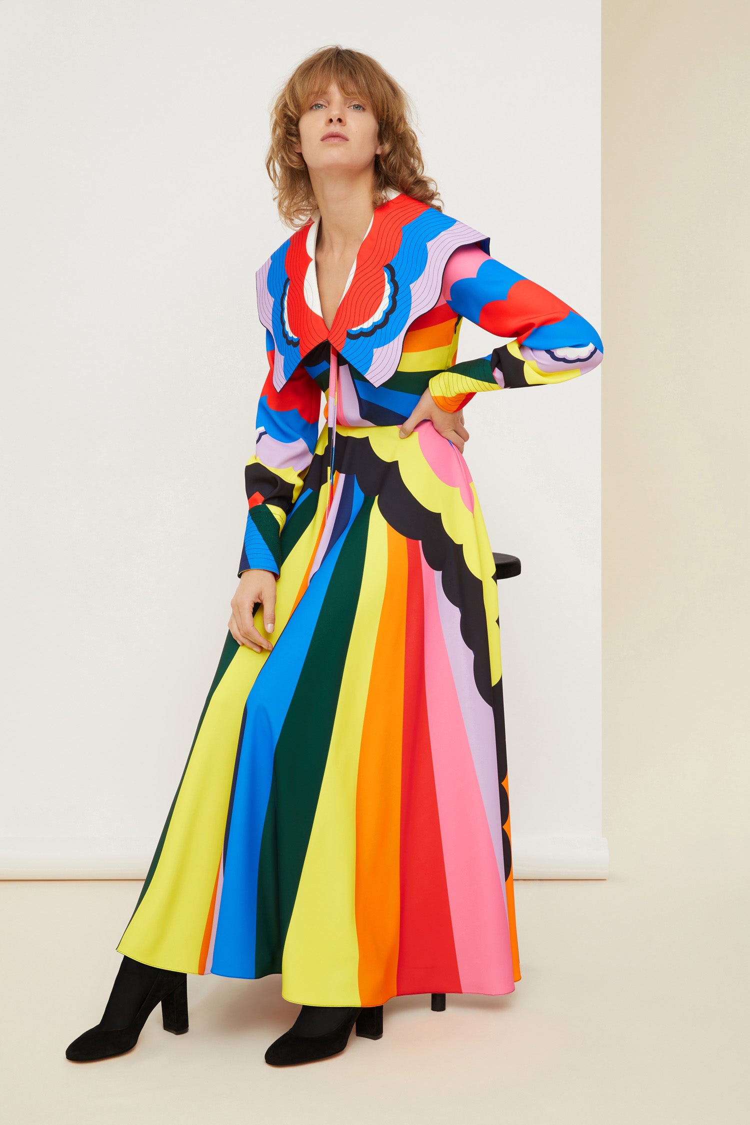 Patou - Psychedelic oversized collar maxi dress - A Psychedelic World - The Patou touch? A spectacular collar.   Multicoloured recycled cady maxi dress. Featuring Act 1’s hand-drawn psychedelic-style print. Oversized collar featuring topstitching detailing all over with tie fastening at the front. Long sleeves with topstitched cuffs fastened via engraved gold-coloured buttons. Zip fastening at the side.