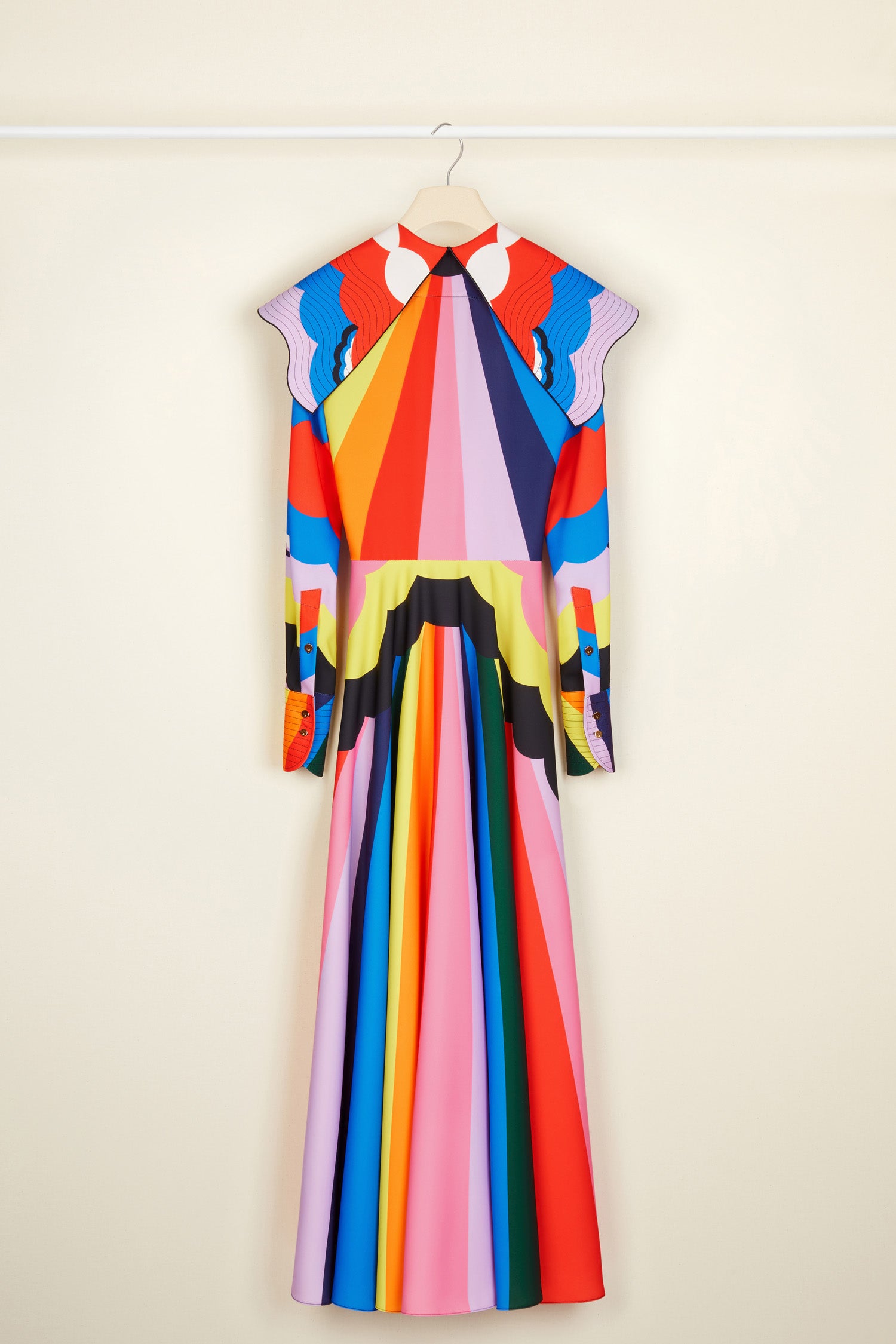 Patou - Psychedelic oversized collar maxi dress - A Psychedelic World - The Patou touch? A spectacular collar.   Multicoloured recycled cady maxi dress. Featuring Act 1’s hand-drawn psychedelic-style print. Oversized collar featuring topstitching detailing all over with tie fastening at the front. Long sleeves with topstitched cuffs fastened via engraved gold-coloured buttons. Zip fastening at the side.