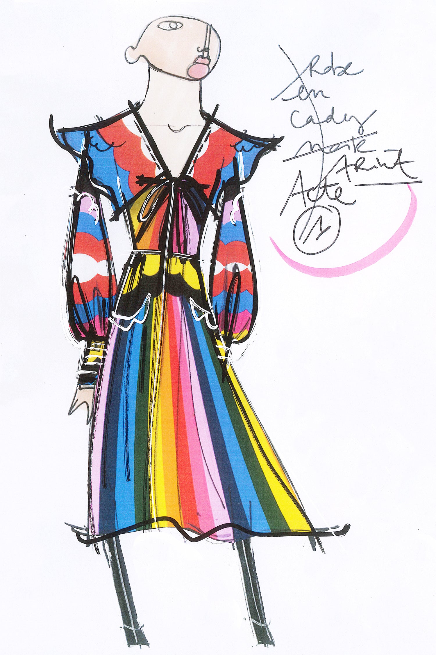 Patou - Psychedelic oversized collar maxi dress - A Psychedelic World - The Patou touch? A spectacular collar.   Multicoloured recycled cady maxi dress. Featuring Act 1’s hand-drawn psychedelic-style print. Oversized collar featuring topstitching detailing all over with tie fastening at the front. Long sleeves with topstitched cuffs fastened via engraved gold-coloured buttons. Zip fastening at the side.